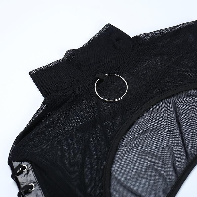 Mesmerizing Black Mesh O-Ring Shrug | Edgy Lace-Up Bell Sleeve Bolero for Fall & Halloween