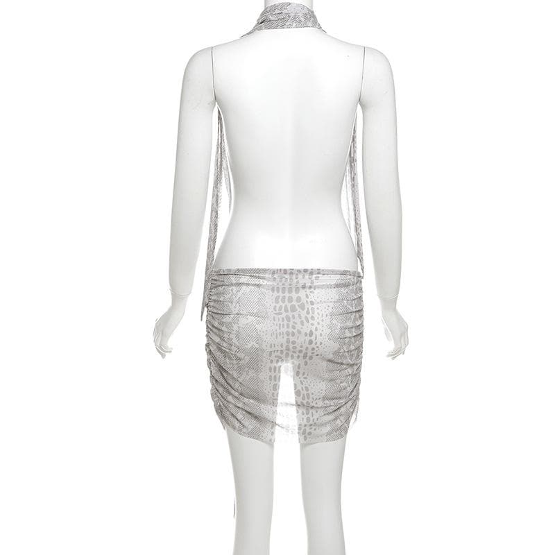 Unleash Your Fierce: Snakeskin Halter Ruched Mini Dress – Perfect for Halloween & Fall Nights Out