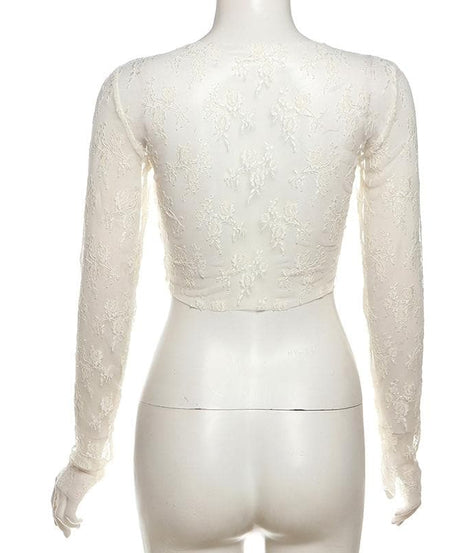 Romantic Coquette Lace Long Sleeve Crop Top with 3D Floral Appliqué