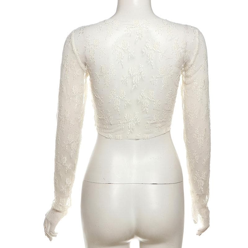 Romantic Coquette Lace Long Sleeve Crop Top with 3D Floral Appliqué
