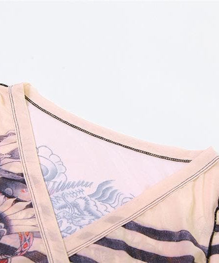 Unleash Your Inner Dragon: Y2K Tattoo Mesh Wrap Top & Flare Pants Set - Fall & Halloween Statement