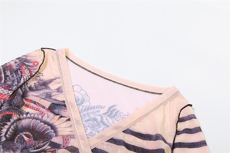 Unleash Your Inner Dragon: Y2K Tattoo Mesh Wrap Top & Flare Pants Set - Fall & Halloween Statement