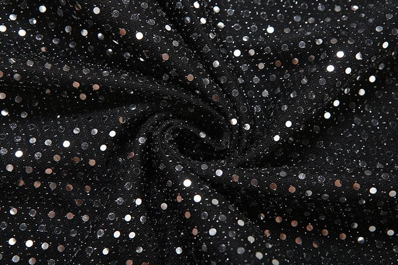 Dazzling Black Glitter Two-Piece Set: Ruched Slit Maxi Skirt & Cami Crop Top - Holiday & NYE Glam