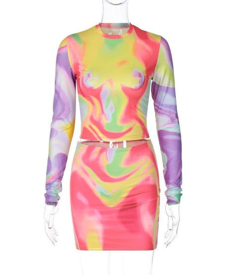 Vibrant Swirl Print Long Sleeve Crop Top & Mini Skirt Set - Y2K Fall Party & Night Out Style