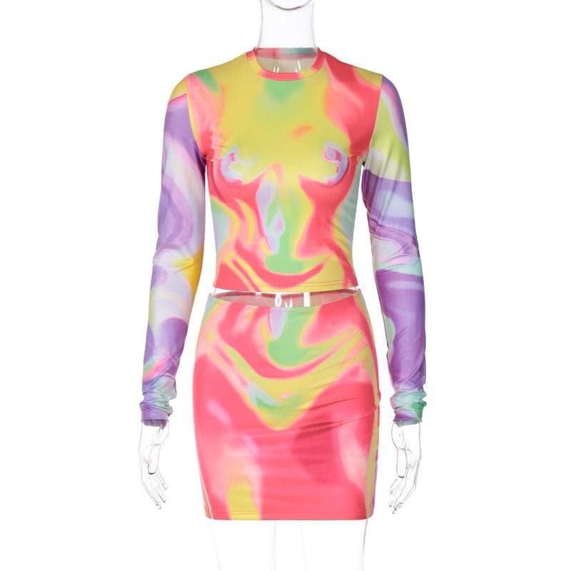 Vibrant Swirl Print Long Sleeve Crop Top & Mini Skirt Set - Y2K Fall Party & Night Out Style