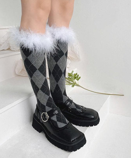 Cozy Chic Argyle Knee-High Socks with Faux Feather Trim | Fall & Holiday Style