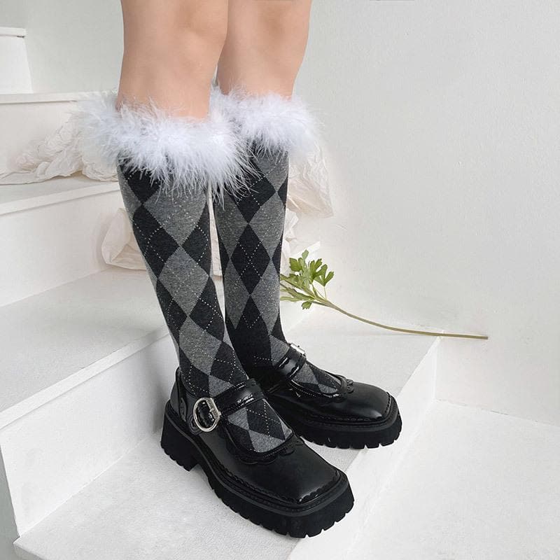 Cozy Chic Argyle Knee-High Socks with Faux Feather Trim | Fall & Holiday Style