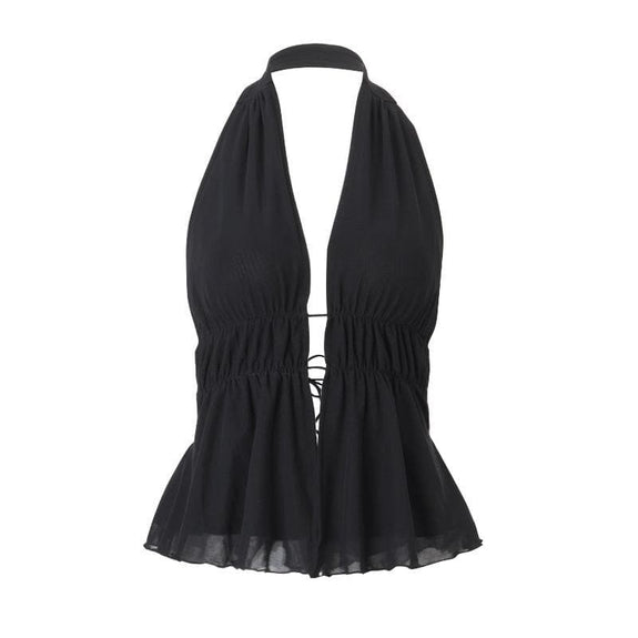 Daring Deep V Black Halter Peplum Top | Ruched Waist & Edgy Chic for Fall Nights