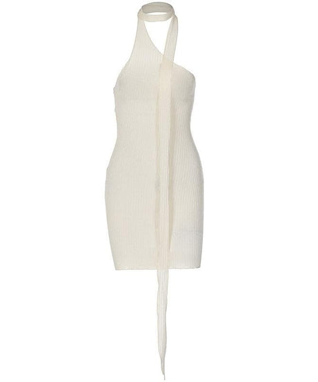 Chic Asymmetrical Ribbed Mini Dress - One-Shoulder Halter for Fall Parties & Holiday Nights