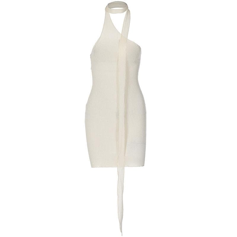 Chic Asymmetrical Ribbed Mini Dress - One-Shoulder Halter for Fall Parties & Holiday Nights