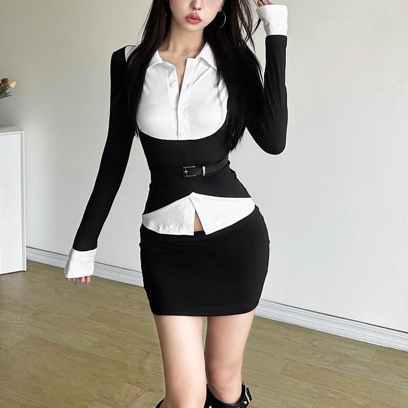 Sleek Black & White Belted Mini Dress | Faux Shirt & Skirt Design for Fall