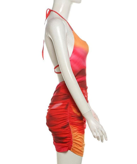 Vibrant Sunset Ombre Halter Mini Dress - Chic Ruched Bodycon for Fall Parties & Getaways