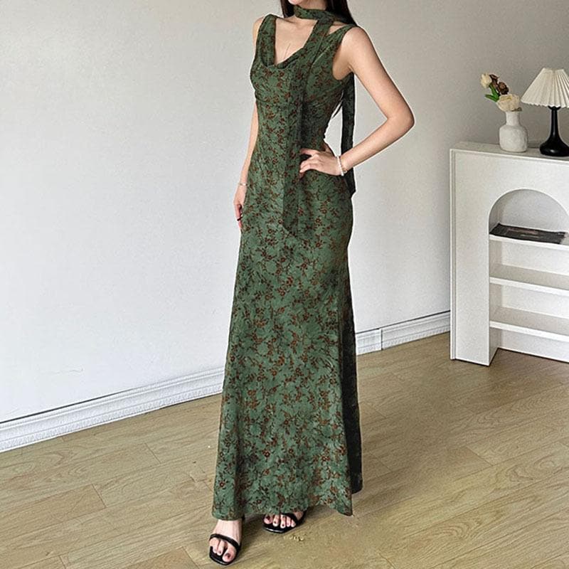 Autumn Bloom Cowl Neck Halter Maxi Dress - Elegant Floral Gown for Fall Soirées