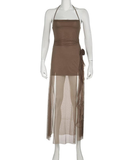 Autumn Ember Halter Mesh Maxi Dress | Sheer Slit Gown with Ruched Detail