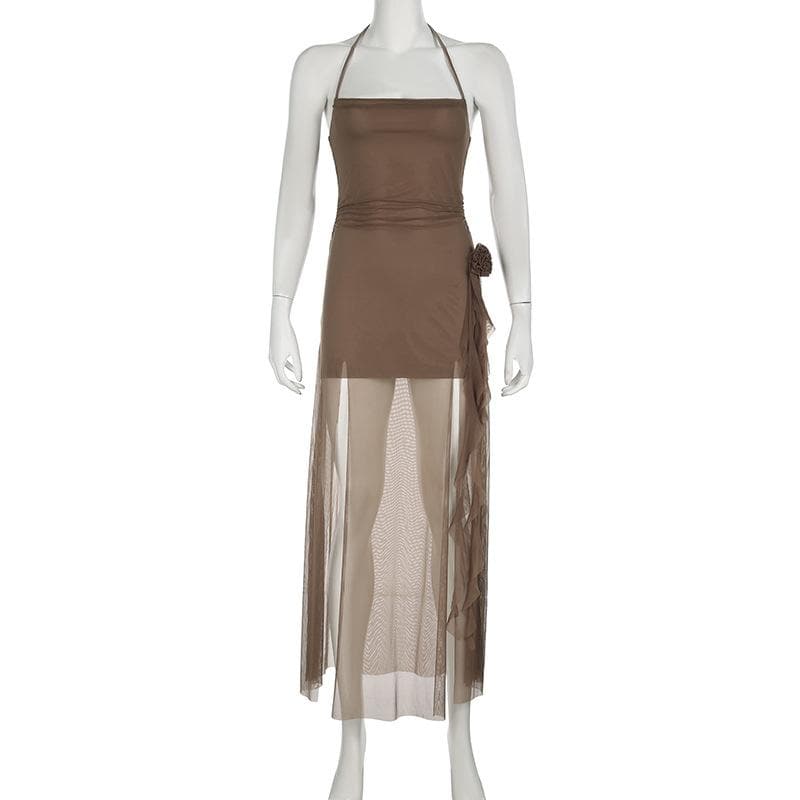 Autumn Ember Halter Mesh Maxi Dress | Sheer Slit Gown with Ruched Detail