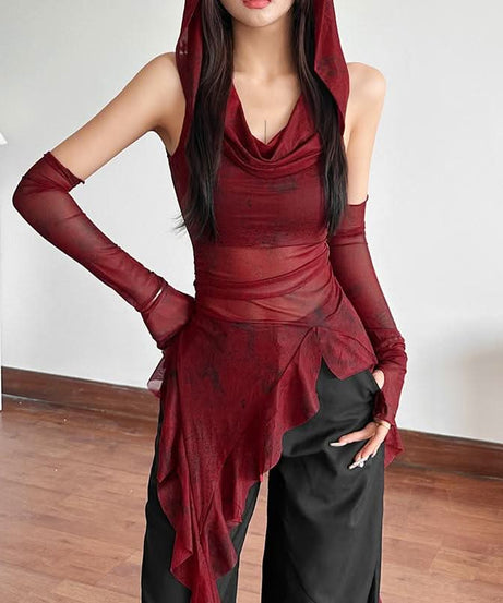 Gothic Enchantress Sheer Mesh Hooded Top | Asymmetrical Cowl Neck & Long Sleeves for Fall & Halloween