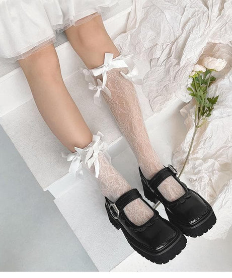Romantic Lace Bow-Accent Sheer Knee-High Socks for Fall & Holiday Styling