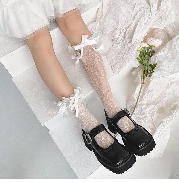 Romantic Lace Bow-Accent Sheer Knee-High Socks for Fall & Holiday Styling
