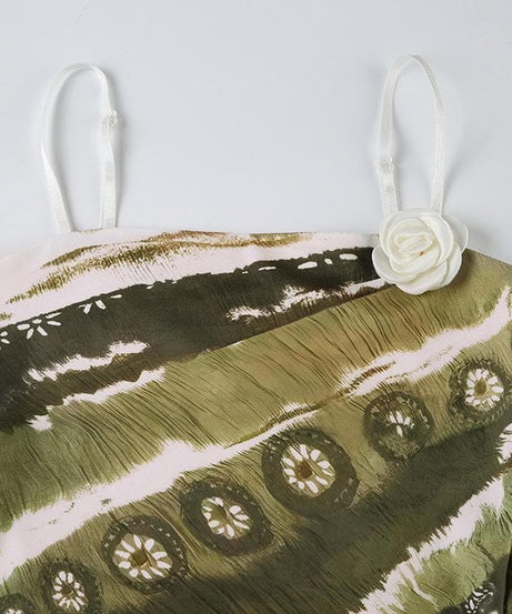 Autumn Meadow Chic: Olive Green Abstract Print Cami with Dainty Rose Appliqué