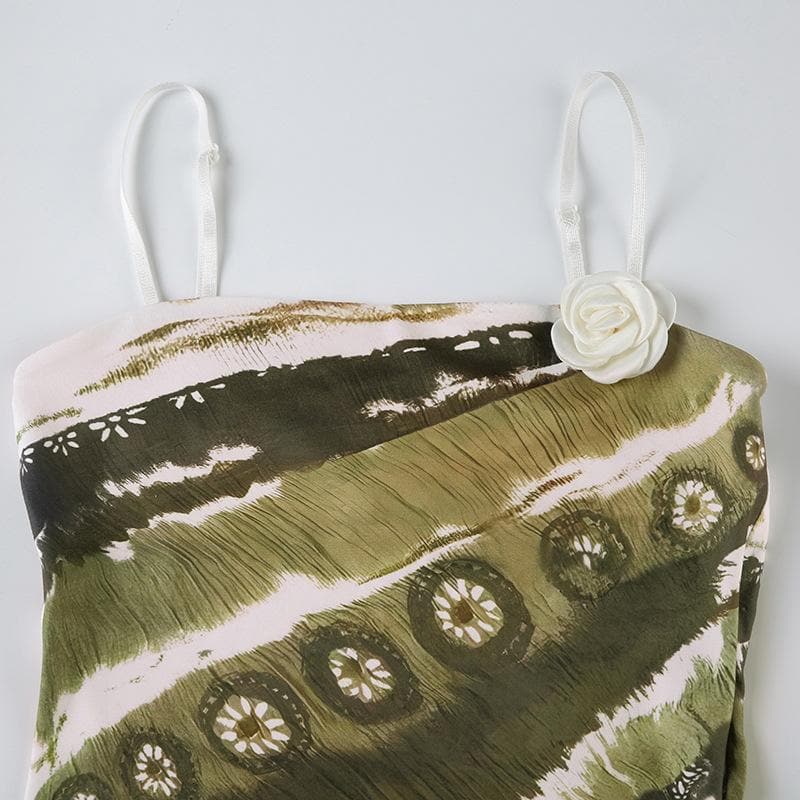 Autumn Meadow Chic: Olive Green Abstract Print Cami with Dainty Rose Appliqué
