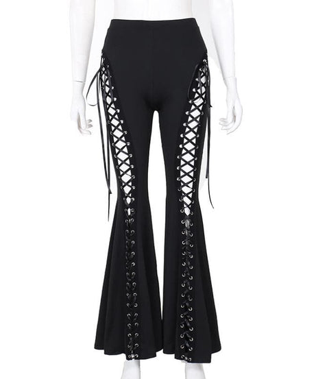Witchy & Wild: High-Waist Lace-Up Flared Pants - Edgy Bell Bottoms for Fall & Halloween