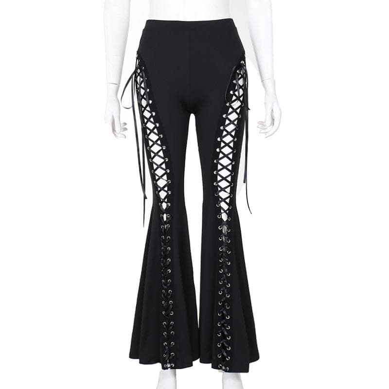 Witchy & Wild: High-Waist Lace-Up Flared Pants - Edgy Bell Bottoms for Fall & Halloween