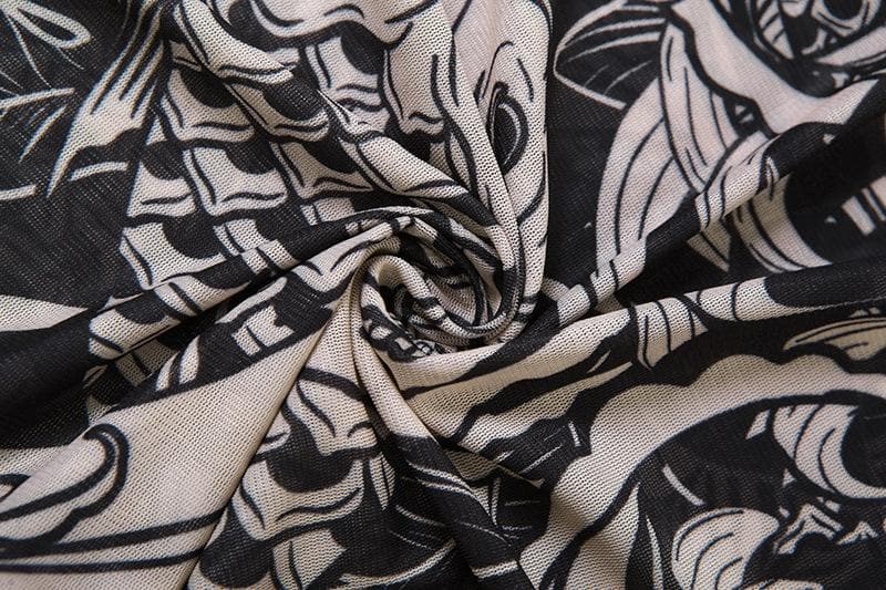 Artistic Koi Mesh Maxi Dress - Elegant High-Neck Fall Statement Piece