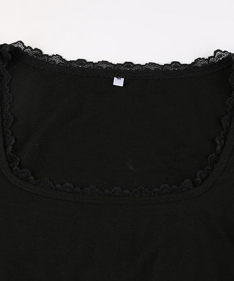 Fall Chic: Black Lace Trim Square Neck Long Sleeve Top | Versatile & Elegant Essential