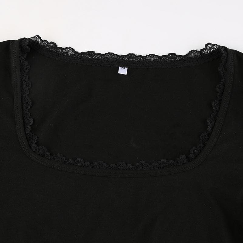 Fall Chic: Black Lace Trim Square Neck Long Sleeve Top | Versatile & Elegant Essential
