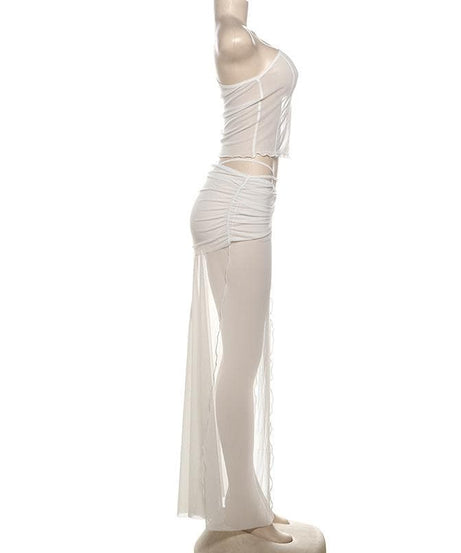 Sultry Siren Black Sheer Mesh One-Shoulder Top & High-Slit Maxi Skirt Set - Your Fall Escape & Party Essential