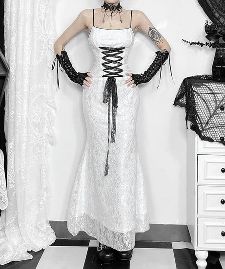 Gothic Vampire Bride White Lace Corset Maxi Dress - Hauntingly Elegant Halloween & Dark Romance Gown