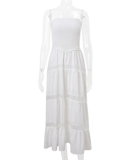 Effortless White Smocked Strapless Maxi Dress - Tiered Lace Boho Style for Your Resort Getaway