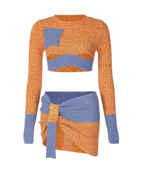 Chic Colorblock Knit Two-Piece Set: Fall Cutout Crop Top & Mini Skirt
