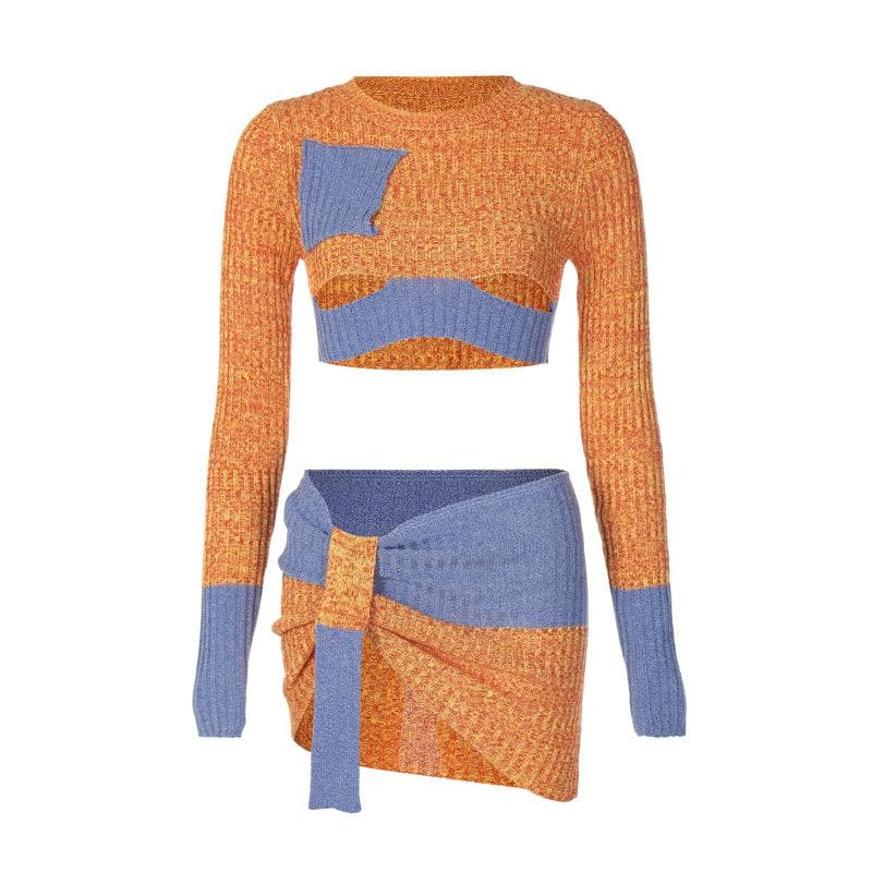 Chic Colorblock Knit Two-Piece Set: Fall Cutout Crop Top & Mini Skirt