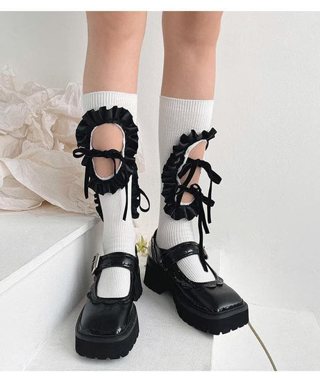 Vintage Chic Ruffled Bow Cut-Out Knee High Socks - Fall & Goth Academia Ready