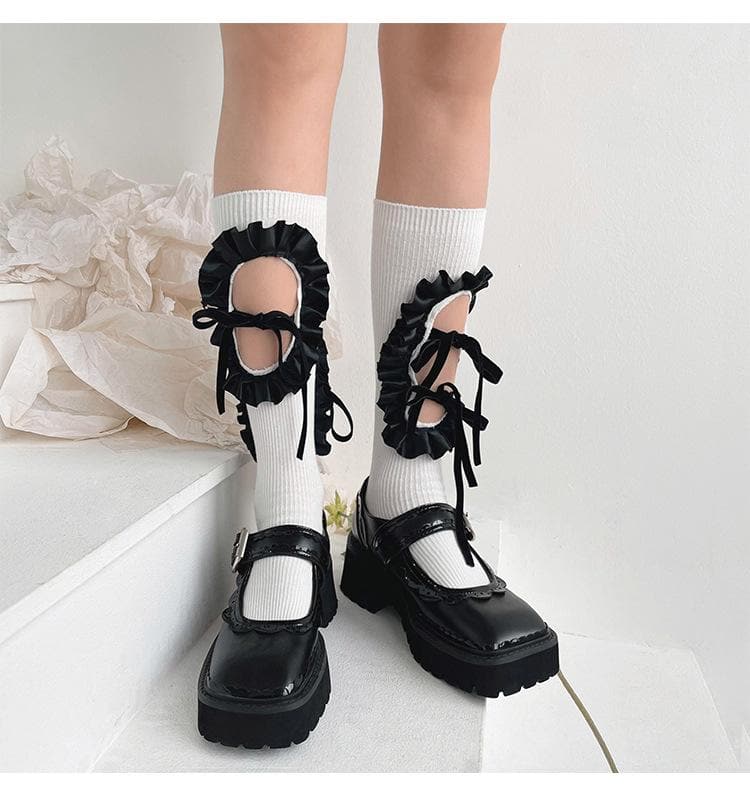 Vintage Chic Ruffled Bow Cut-Out Knee High Socks - Fall & Goth Academia Ready