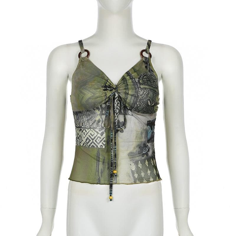 Y2K Boho Chic Patchwork Mesh Cami Top - O-Ring Ruched Detail for Fall