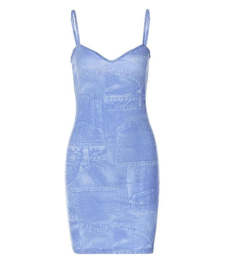 Y2K Faux Denim Print Mini Dress - Chic V-Neck Spaghetti Strap Bodycon for Fall Parties