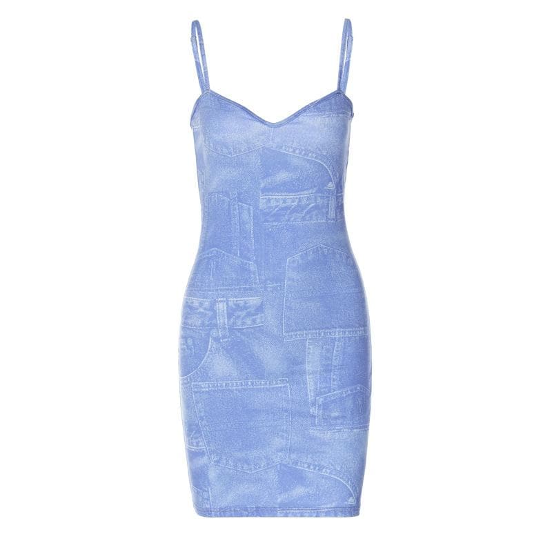 Y2K Faux Denim Print Mini Dress - Chic V-Neck Spaghetti Strap Bodycon for Fall Parties