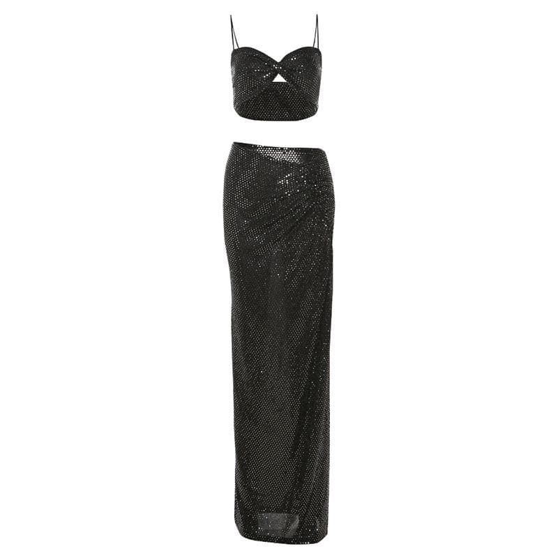 Dazzling Black Glitter Two-Piece Set: Ruched Slit Maxi Skirt & Cami Crop Top - Holiday & NYE Glam
