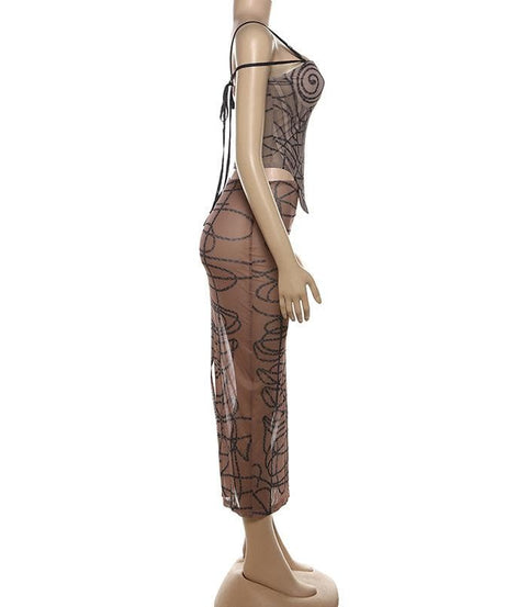 Bewitching Sheer Mesh Spiderweb Print Cami & Midi Skirt Set - Your Ultimate Fall & Halloween Statement