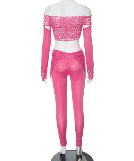 Gothic Glam Black Lace Two-Piece Set: Off-Shoulder Crop Top & High-Waist Leggings for Fall Nights & Halloween