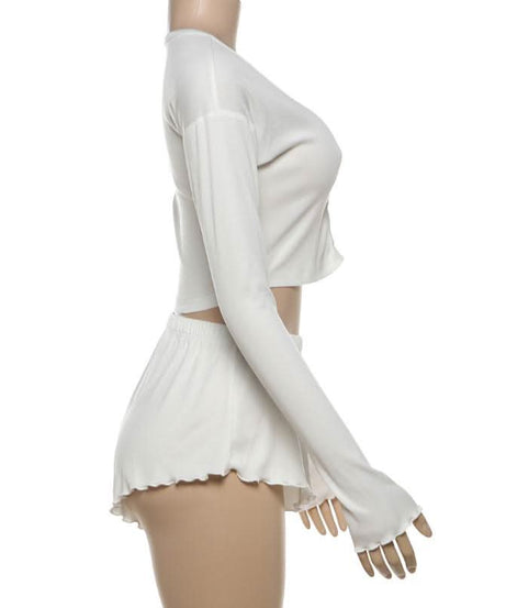 Dreamy Fall Comfort: Women's Long Sleeve Crop Top & Ruffle Shorts Loungewear Set
