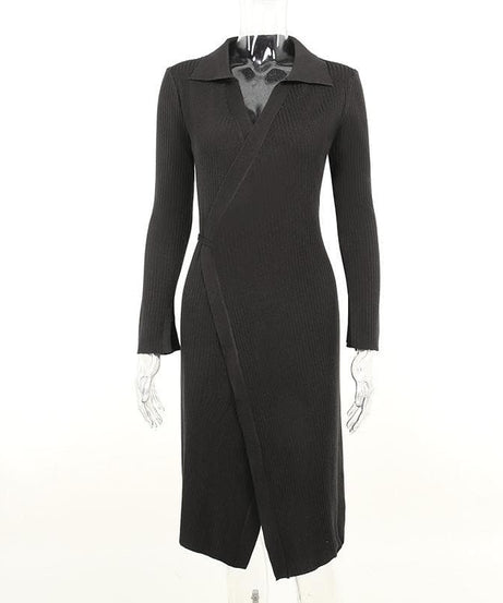 Elevated Fall Style: Ribbed Knit Wrap Midi Dress - Long Sleeve V-Neck Collar & Asymmetrical Hem