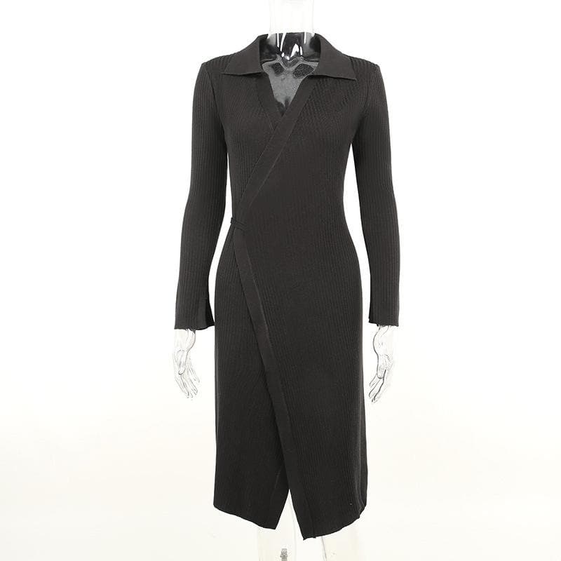 Elevated Fall Style: Ribbed Knit Wrap Midi Dress - Long Sleeve V-Neck Collar & Asymmetrical Hem