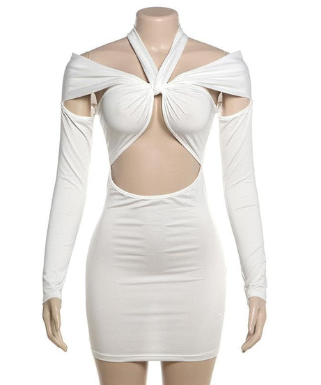 Sultry White Twisted Halter Cut-Out Mini Dress | Long Sleeve Bodycon for Fall & Party Nights