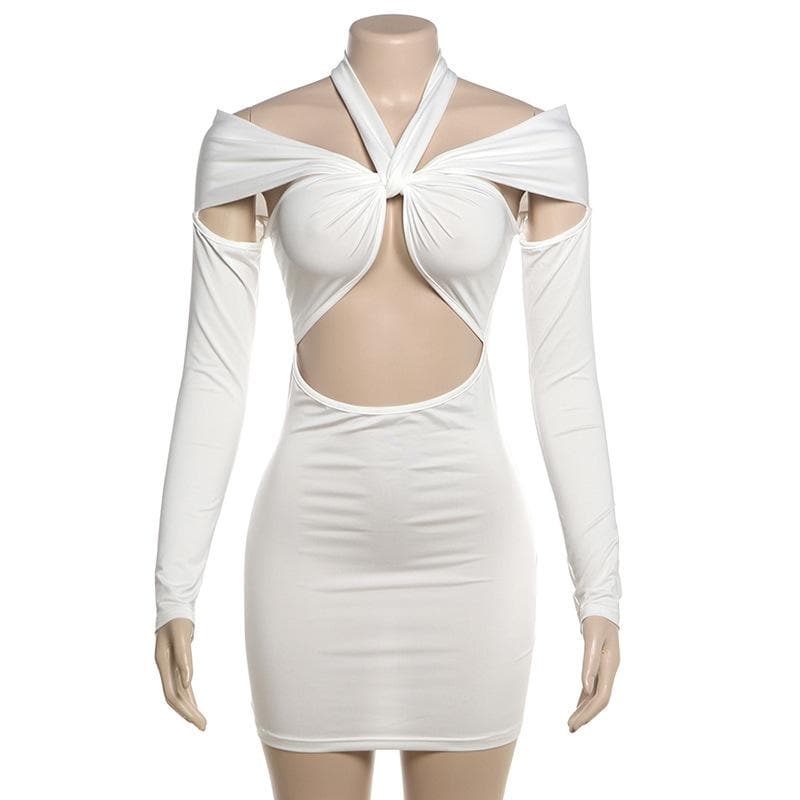 Sultry White Twisted Halter Cut-Out Mini Dress | Long Sleeve Bodycon for Fall & Party Nights
