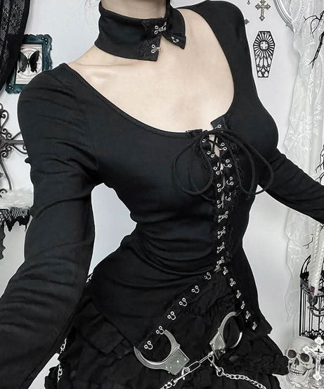 Sultry Black Lace-Up Corset Long Sleeve Top with Choker - Fall & Winter Edgy Chic