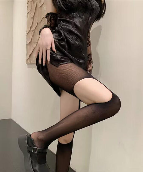 Edgy Two-Tone Illusion Cut-Out Tights | Fall & Halloween Fashion Statement