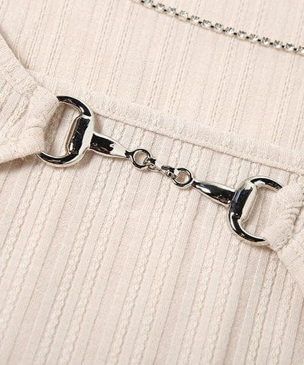 Elevated Fall Ribbed Knit Long Sleeve Top | Chic Chain & Buckle Detail, Asymmetrical Hem